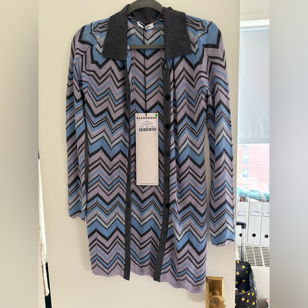Glamorous Blue and Gray Chevron mission like button dress